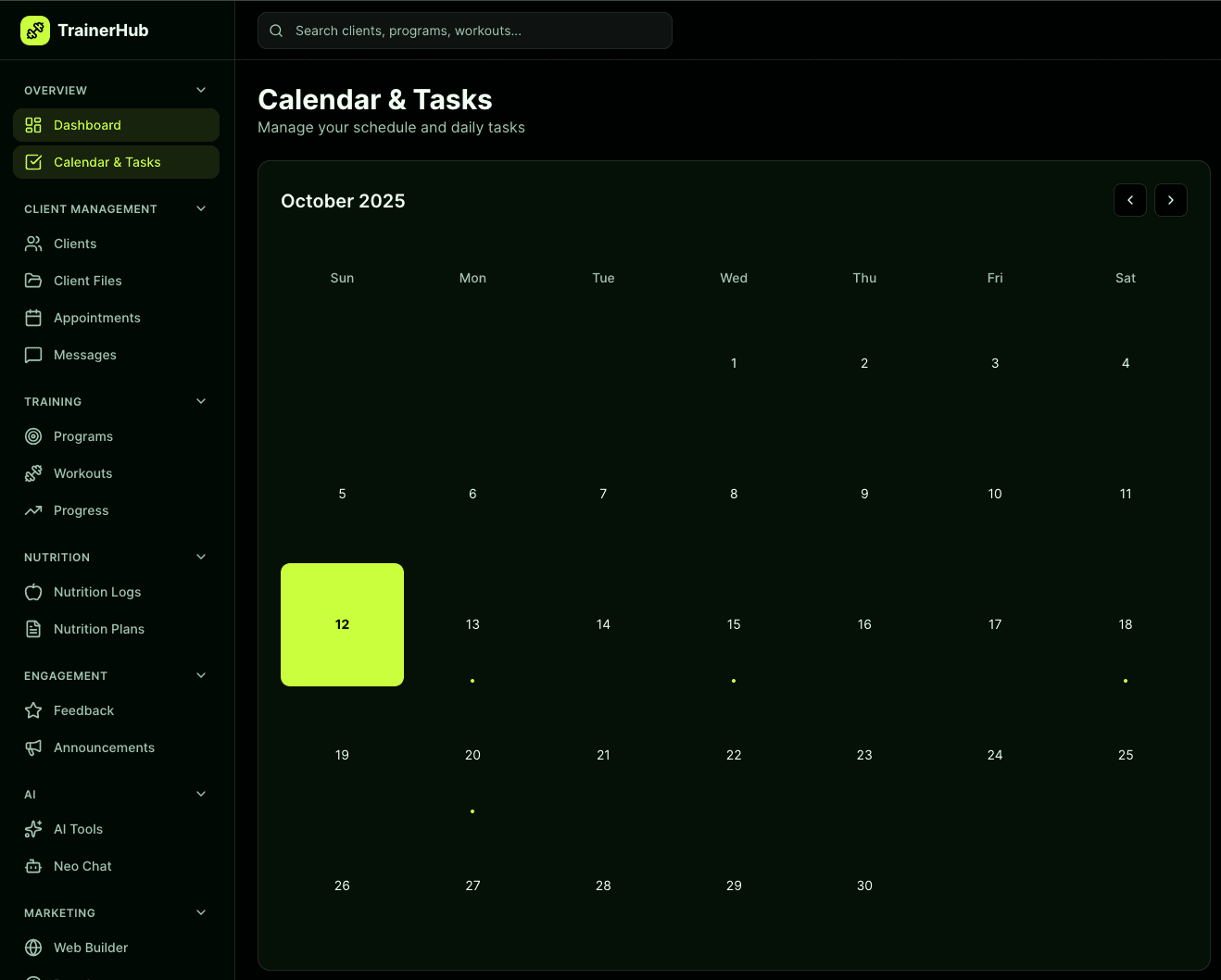 TrainerHub Calendar & Tasks Dashboard